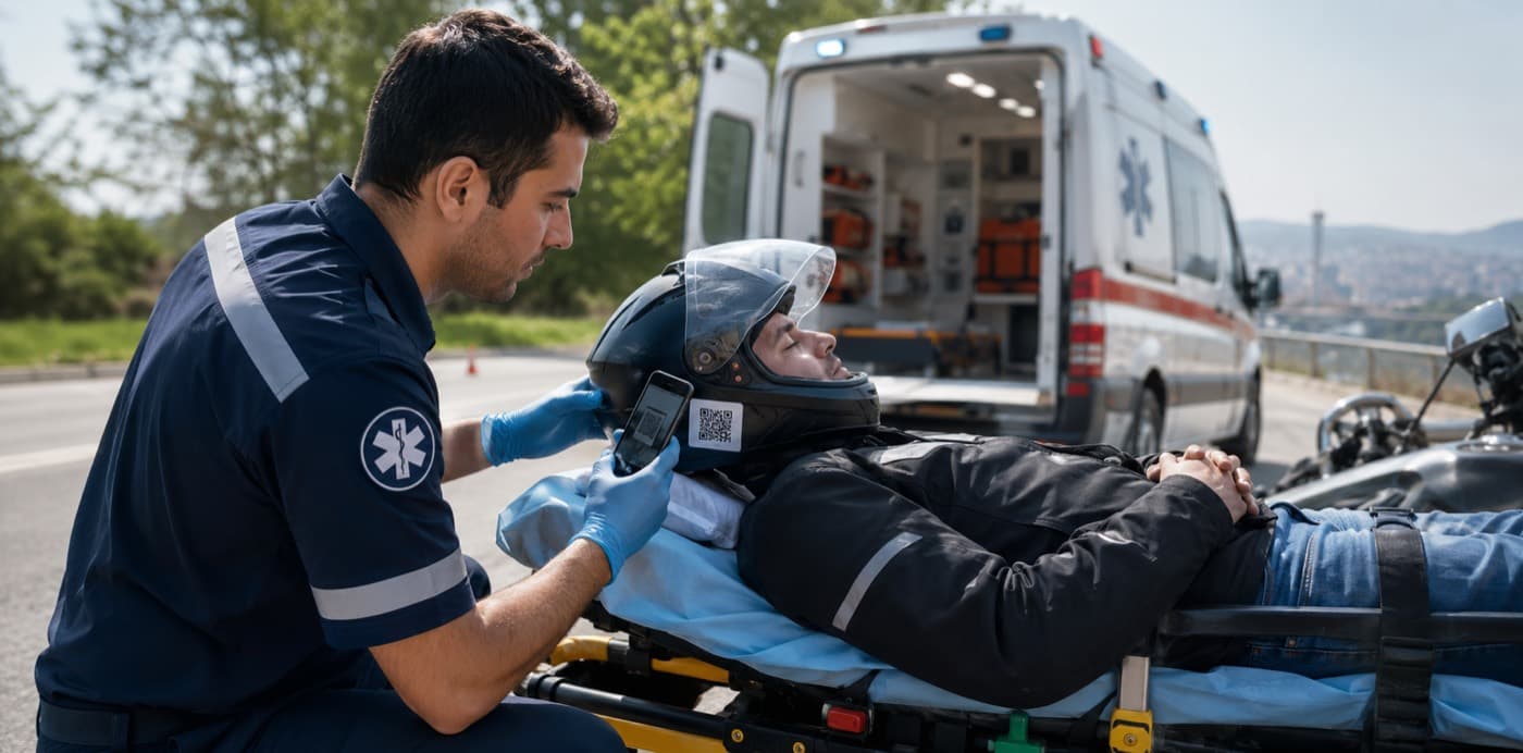 Sedyedeki motosikletlinin kaskındaki QR kodu telefonuyla okutan sağlık personeli; arkada açık kapılı ambulans