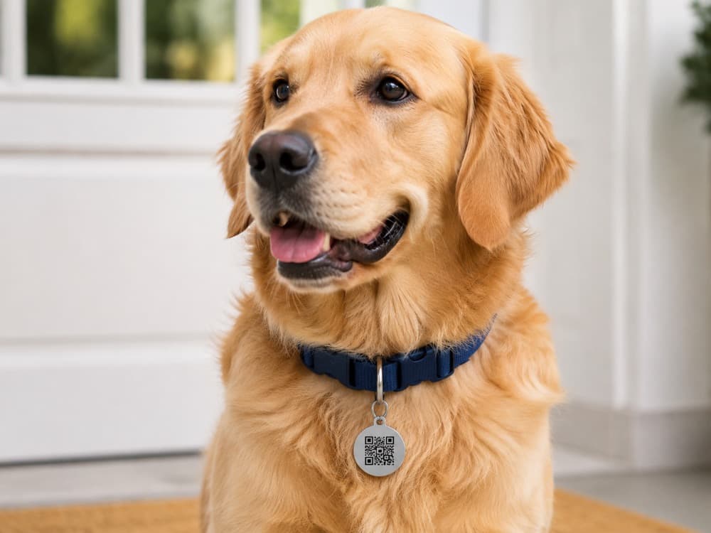 Lacivert tasmasında QR kodlu yuvarlak künye taşıyan golden retriever