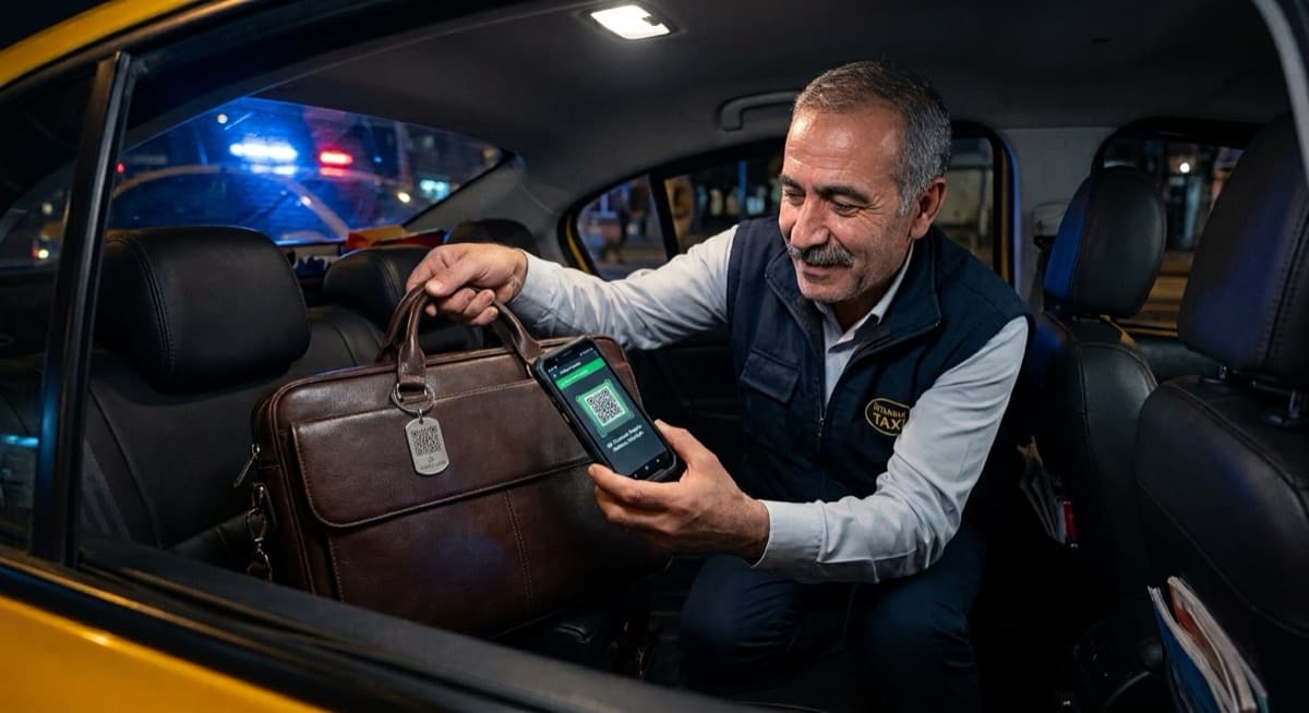 Taksinin arka koltuğunda unutulmuş deri çantayı tutan taksi şoförü, çantadaki metal QR etiketini telefonuyla okutuyor