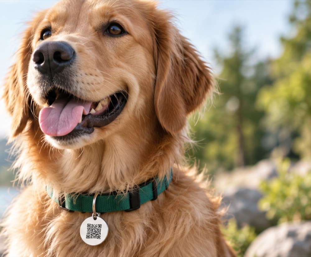Yeşil tasmasında QR kodlu yuvarlak ARKVIUM künyesi bulunan golden retriever köpek