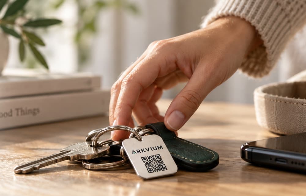 Ahşap masadaki anahtarlar ve anahtarlığa takılı QR kodlu metal ARKVIUM etiketi; etiketi alan bir el