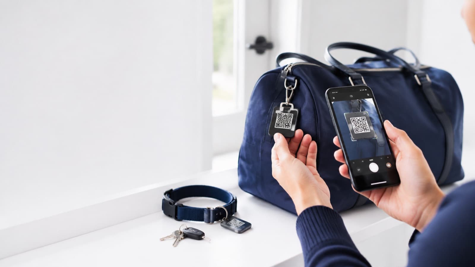 Lacivert çantaya takılı QR etiketi telefonuyla okutan kişi; yanında QR etiketli anahtarlar ve evcil hayvan tasması