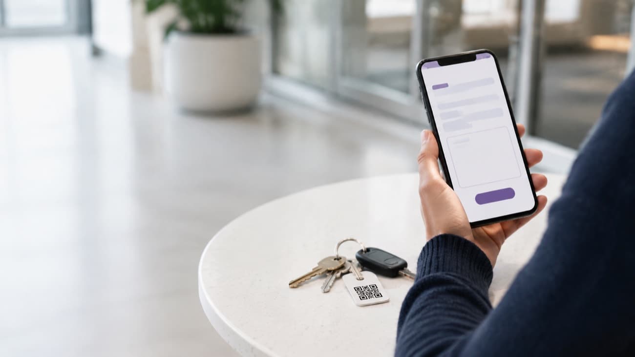 Telefonunda gelen mesajı okuyan kişi; masada QR etiketli anahtarlar